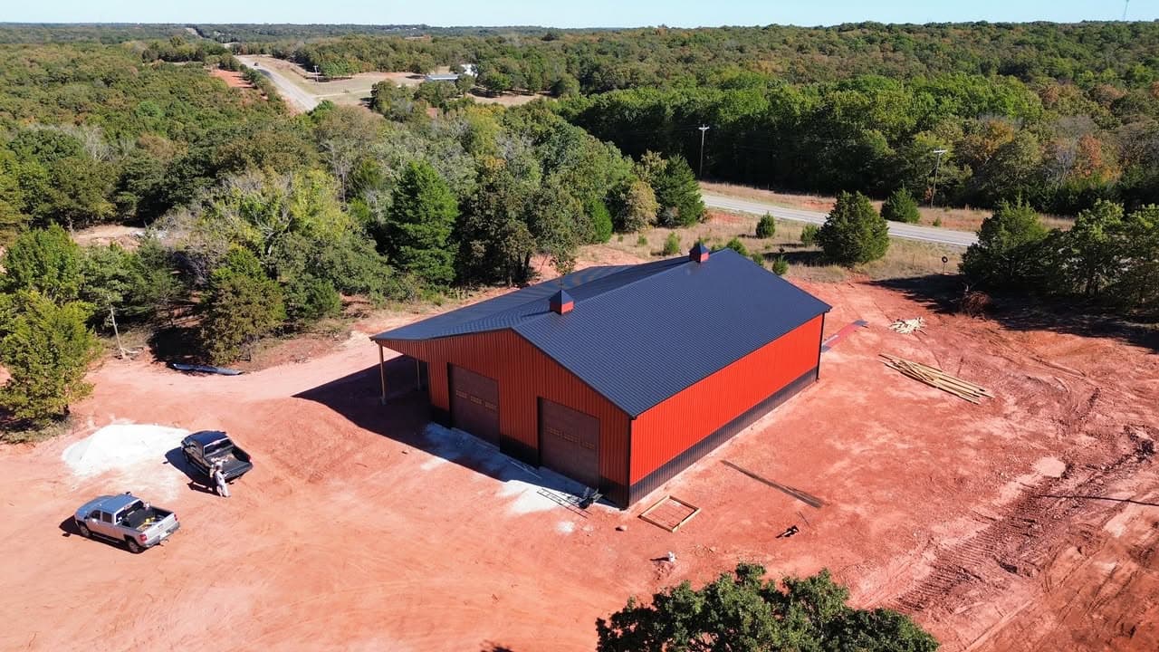Aerial view of large shop building