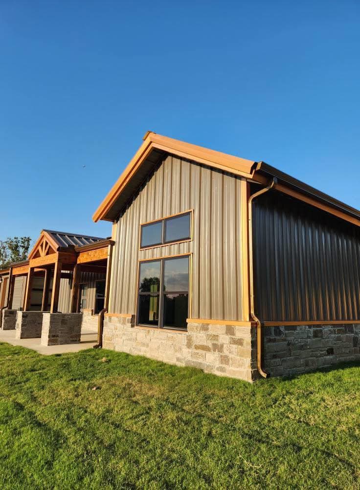 Finished modern barndominium exterior